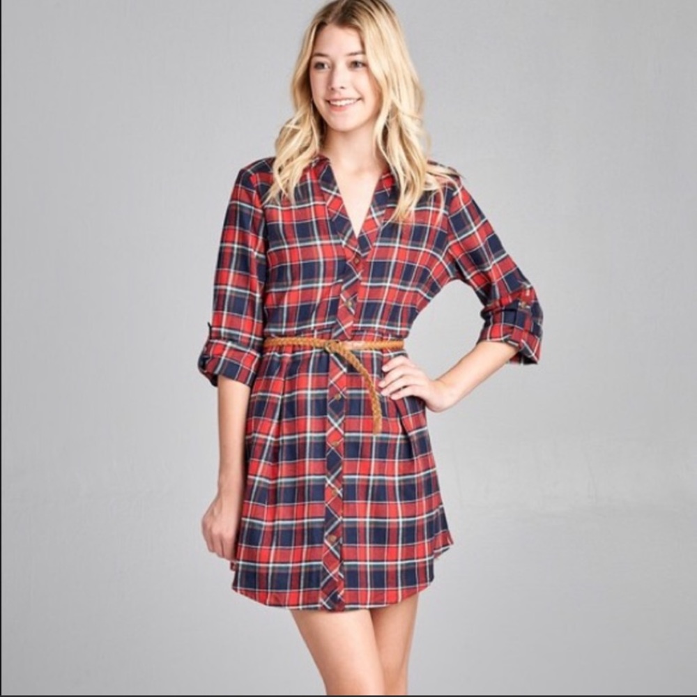 Red white and navy plaid long sleeve belted mini dress Small S Medium M